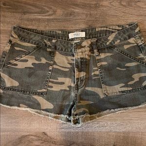 Camo denim shorts